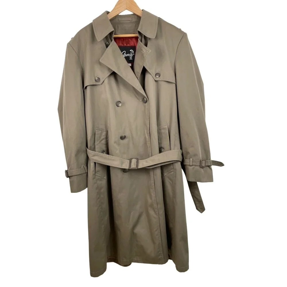 Vintage Arnie II Trench Coat Mens 44L Khaki Zip Out Lining Pockets Belted - Picture 2 of 13